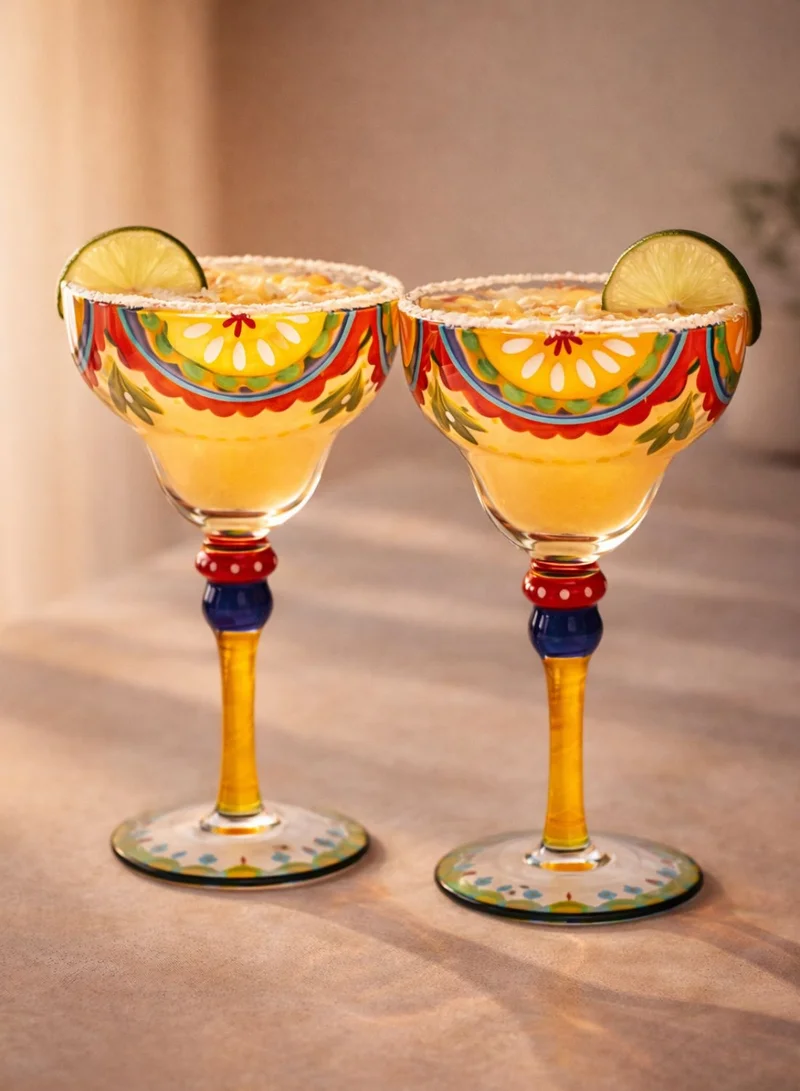 1Chase Clear Hand Painted Margarita Glasses Moroccan Collection, Orange Blossom Design 270ML Set of 2, Artisan Decorative Cocktail Glassware, Unique Kitchen Table Décor Glasses  | Best Price UAE